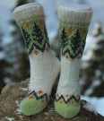 Håndstrikkede ullsokker str. 37–38, hvit og grønn thumbnail