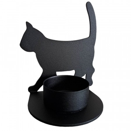 Telysholder med kattemotiv - svart, 10 cm