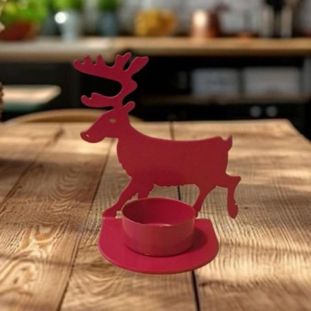 Telysholder med reinsdyrmotiv - rød, 11 cm