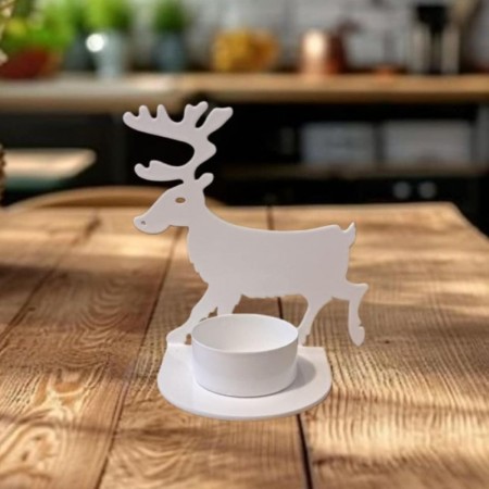 Telysholder med reinsdyrmotiv, hvit – 11 cm